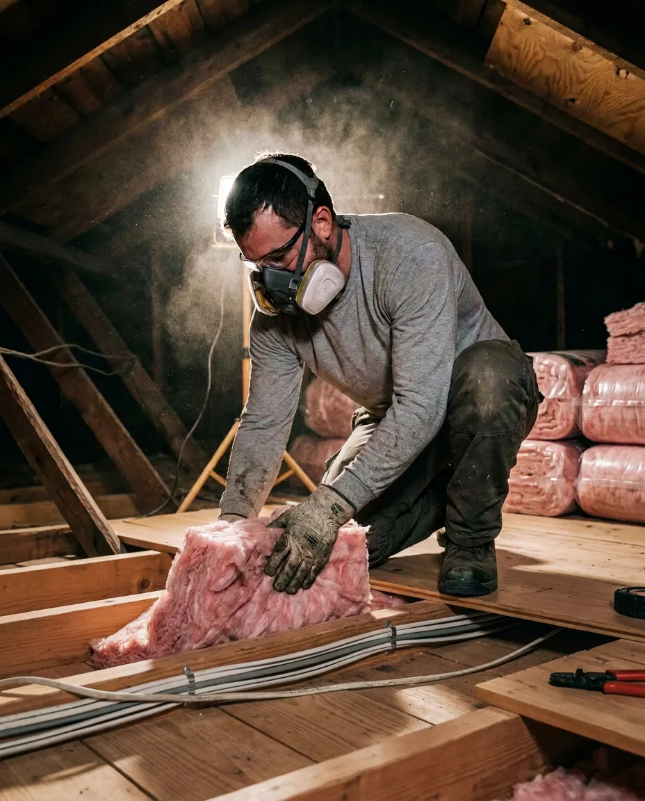 Installer fitting insulation between the joists
