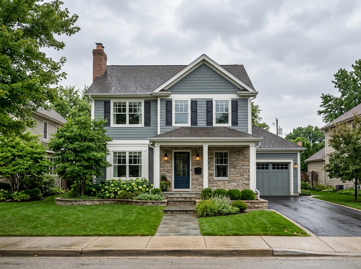 A two storey home with the four areas we inspect marked on it